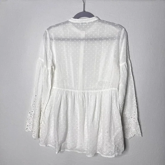 Sundance Lace Eyelet Peasant Top Sz XS Cottage Boho Sheer Button Front Bell Slv - Picture 6 of 10